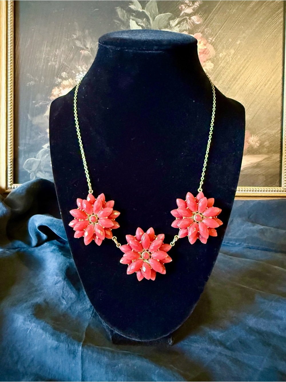 Vintage Coral Toned Floral Statement Necklace